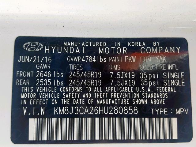 KM8J3CA26HU280858 - 2017 HYUNDAI TUCSON LIM WHITE photo 10