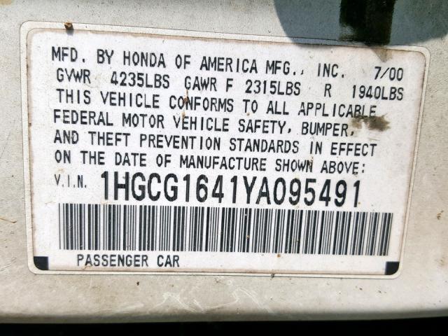 1HGCG1641YA095491 - 2000 HONDA ACCORD LX WHITE photo 10