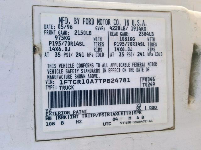 1FTCR10A7TPB24781 - 1996 FORD RANGER WHITE photo 10