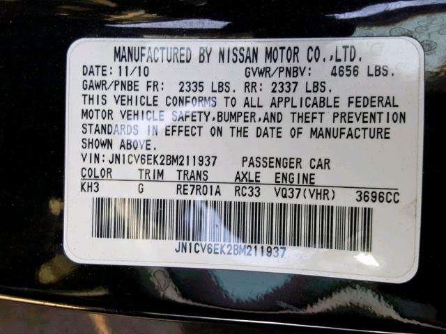 JN1CV6EK2BM211937 - 2011 INFINITI G37 BASE BLACK photo 10