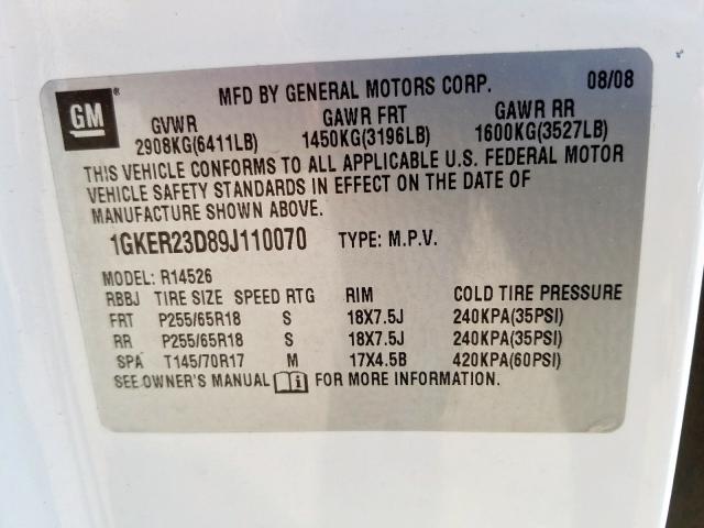 1GKER23D89J110070 - 2009 GMC ACADIA SLT-1  photo 10