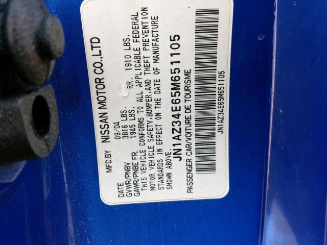 JN1AZ34E65M651105 - 2005 NISSAN 350Z COUPE BLUE photo 10