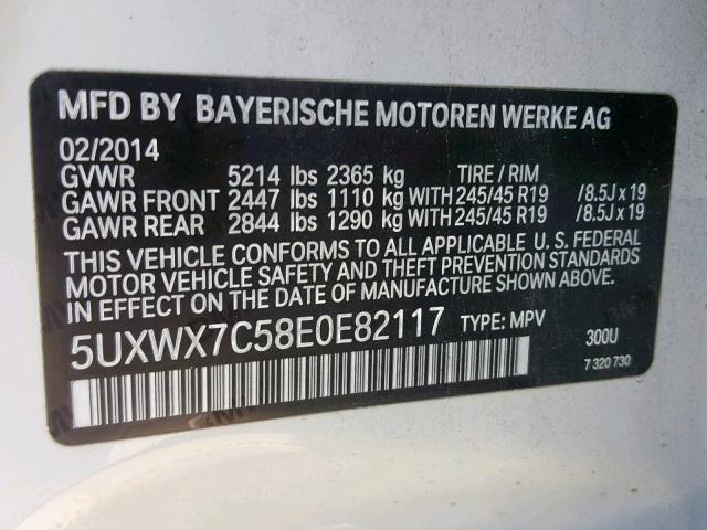 5UXWX7C58E0E82117 - 2014 BMW X3 XDRIVE3 WHITE photo 10