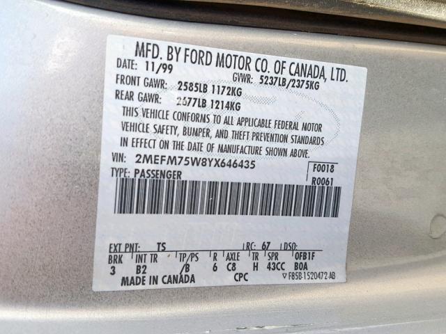 2MEFM75W8YX646435 - 2000 MERCURY GRAND MARQ SILVER photo 10