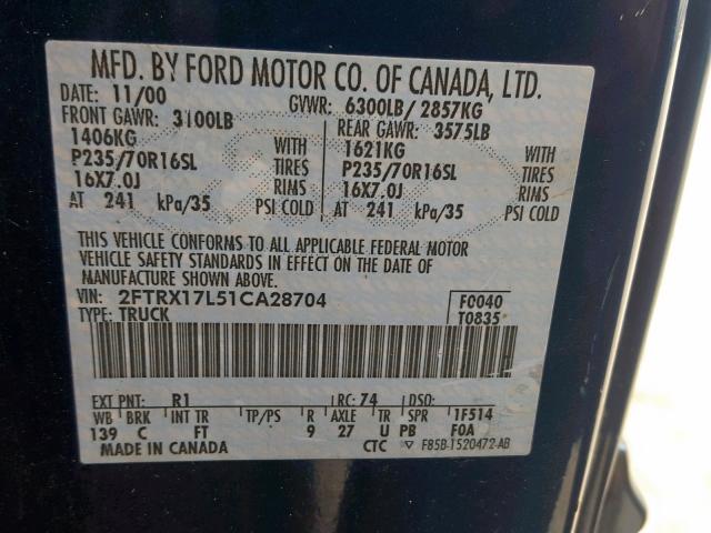 2FTRX17L51CA28704 - 2001 FORD F150 BLUE photo 10