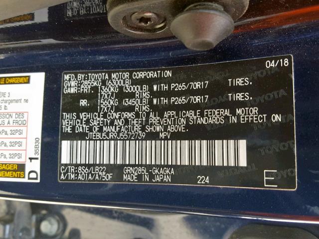 JTEBU5JR9J5572739 - 2018 TOYOTA 4RUNNER SR BLUE photo 10