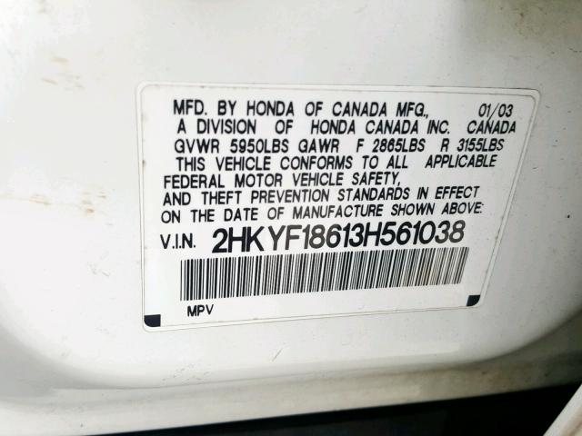 2HKYF18613H561038 - 2003 HONDA PILOT EXL WHITE photo 10