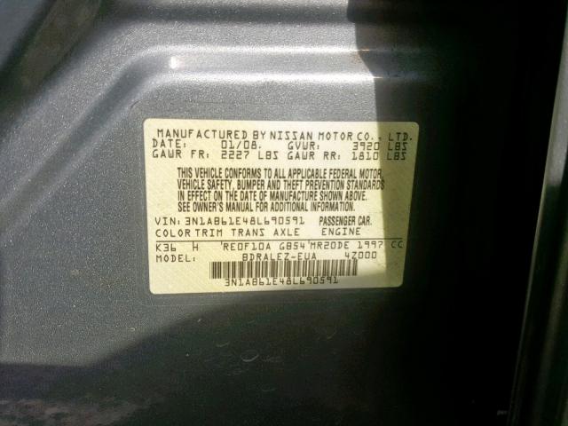 3N1AB61E48L690591 - 2008 NISSAN SENTRA 2.0 GRAY photo 10