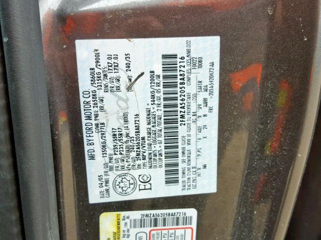 2FMZA56205BA87216 - 2005 FORD FREESTAR S GRAY photo 10