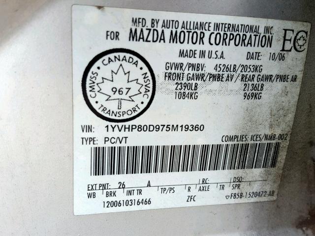 1YVHP80D975M19360 - 2007 MAZDA 6 S SILVER photo 10