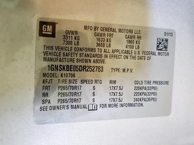 1GNSKBE05DR252763 - 2013 CHEVROLET TAHOE K1500 LT  photo 10