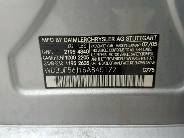 WDBUF56J16A845177 - 2006 MERCEDES-BENZ E 350 SILVER photo 10