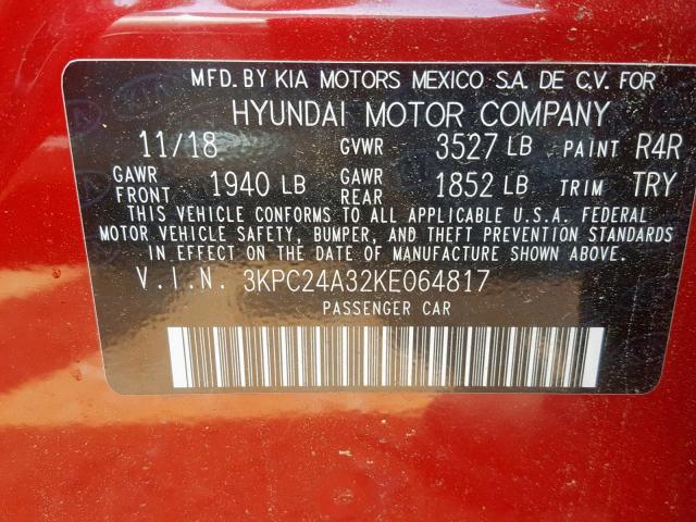 3KPC24A32KE064817 - 2019 HYUNDAI ACCENT SE RED photo 10