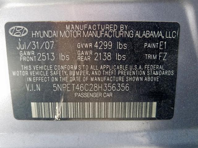 5NPET46C28H356356 - 2008 HYUNDAI SONATA GLS  photo 10