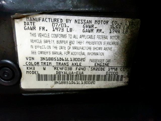 3N1BB51D61L130020 - 2001 NISSAN SENTRA SE BLACK photo 10