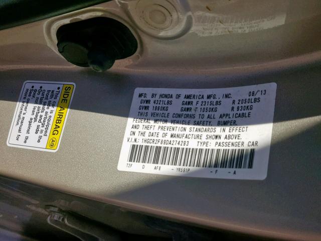 1HGCR2F89DA274293 - 2013 HONDA ACCORD EXL GOLD photo 10