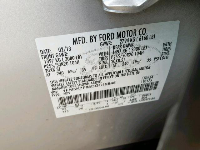 1FM5K7F88DGC19545 - 2013 FORD EXPLORER L SILVER photo 10