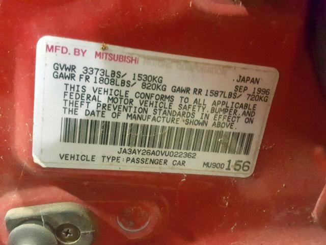 JA3AY26A0VU022362 - 1997 MITSUBISHI MIRAGE DE RED photo 10