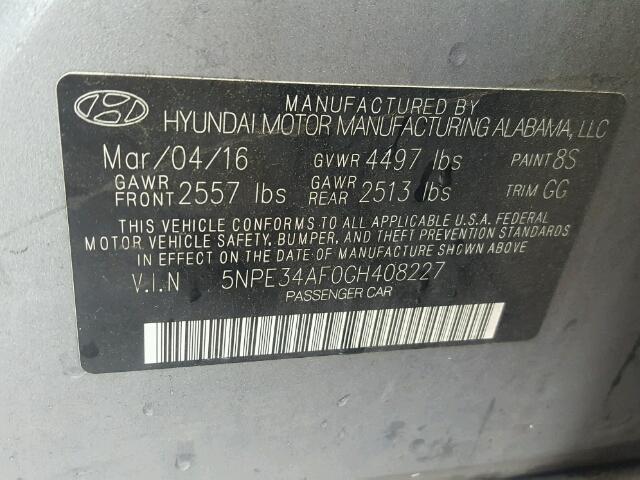 5NPE34AF0GH408227 - 2016 HYUNDAI SONATA SPO SILVER photo 10