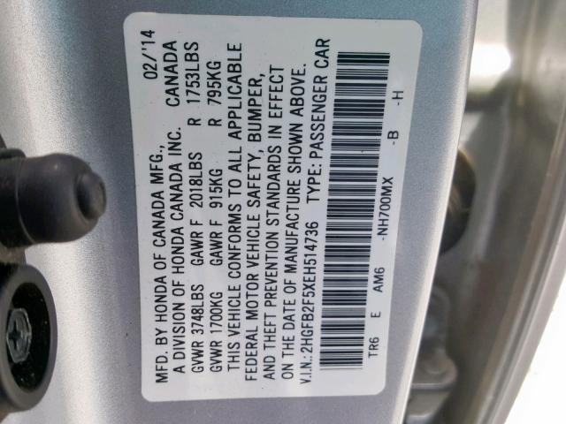 2HGFB2F5XEH514736 - 2014 HONDA CIVIC LX SILVER photo 10