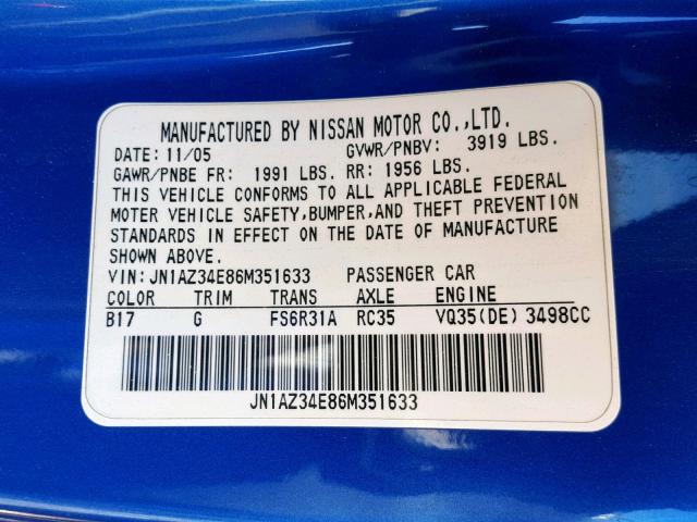 JN1AZ34E86M351633 - 2006 NISSAN 350Z COUPE BLUE photo 10