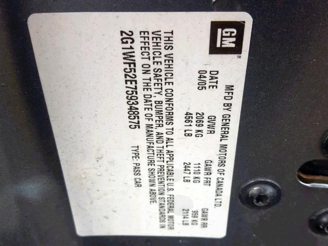 2G1WF52E759348575 - 2005 CHEVROLET IMPALA GRAY photo 10