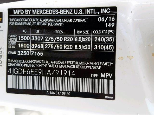 4JGDF6EE9HA791914 - 2017 MERCEDES-BENZ GLS 450 4M WHITE photo 10