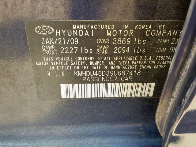 KMHDU46D39U687418 - 2009 HYUNDAI ELANTRA GL BLUE photo 10