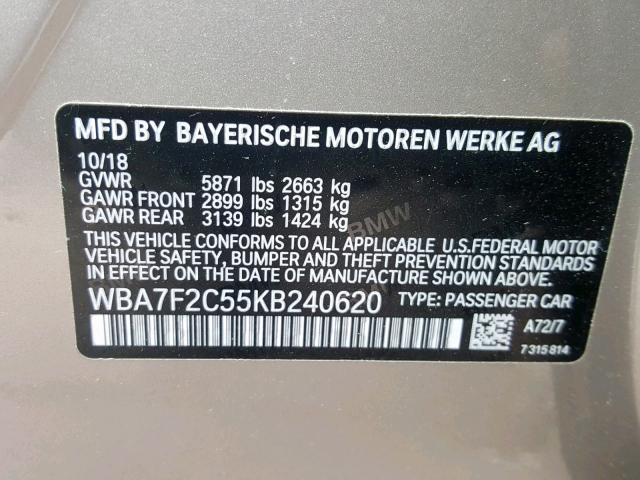WBA7F2C55KB240620 - 2019 BMW ALPINA B7 GOLD photo 10