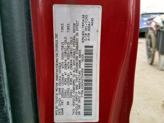 5TENL42N34Z354906 - 2004 TOYOTA TACOMA RED photo 10