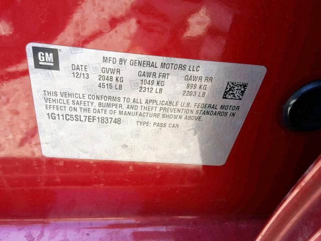 1G11C5SL7EF183748 - 2014 CHEVROLET MALIBU 1LT 红色 照片 10