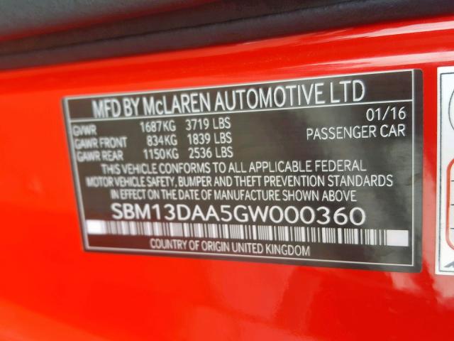 SBM13DAA5GW000360 - 2016 MCLAREN AUTOMOTIVE 570S RED photo 10