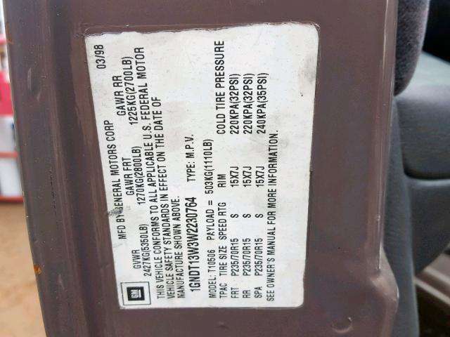 1GNDT13W3W2230764 - 1998 CHEVROLET BLAZER BROWN photo 10