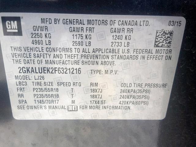 2GKALUEK2F6321216 - 2015 GMC TERRAIN DE BLACK photo 10