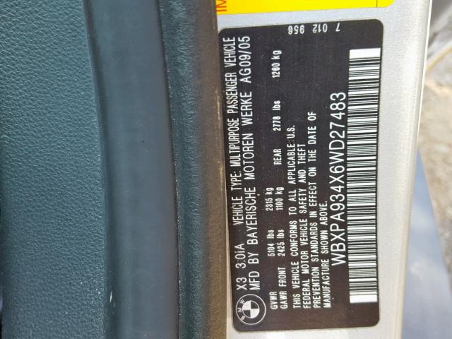 WBXPA934X6WD27483 - 2006 BMW X3 3.0I SILVER photo 10