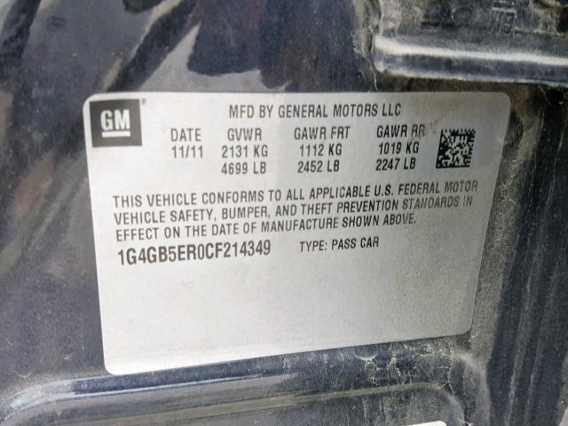 1G4GB5ER0CF214349 - 2012 BUICK LACROSSE C CHARCOAL photo 10