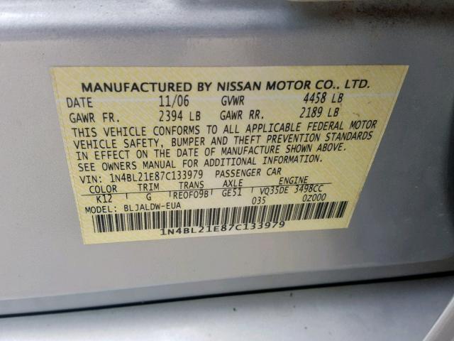 1N4BL21E87C133979 - 2007 NISSAN ALTIMA 3.5 SILVER photo 10