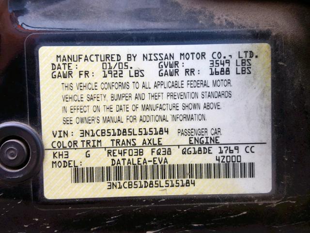 3N1CB51D85L515184 - 2005 NISSAN SENTRA 1.8 BLACK photo 10