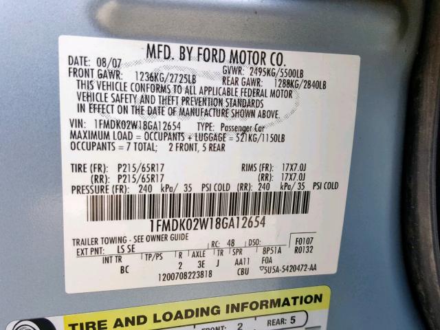 1FMDK02W18GA12654 - 2008 FORD TAURUS X S BLUE photo 10