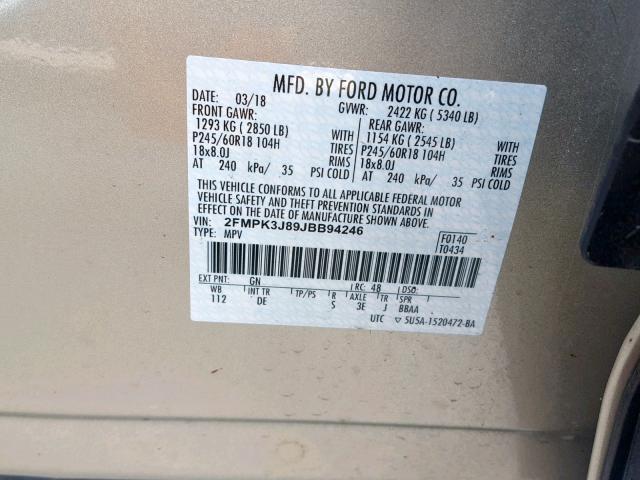 2FMPK3J89JBB94246 - 2018 FORD EDGE SEL BEIGE photo 10