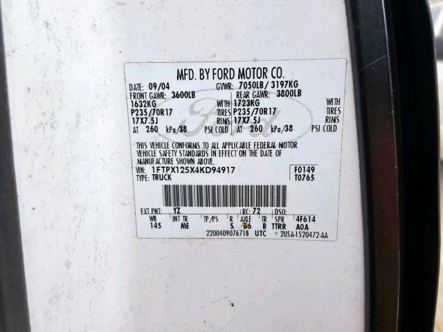 1FTPX125X4KD94917 - 2004 FORD F150 WHITE photo 10