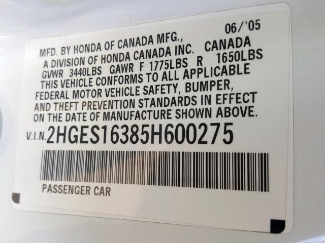 2HGES16385H600275 - 2005 HONDA CIVIC DX VP  photo 10