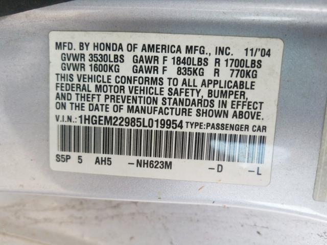 1HGEM22985L019954 - 2005 HONDA CIVIC EX  photo 10