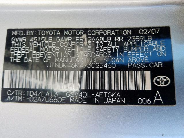 JTNBK46K473025460 - 2007 TOYOTA CAMRY LE  photo 10