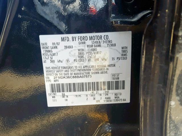 2FMDK36C88BA07573 - 2008 FORD EDGE SE BLACK photo 10