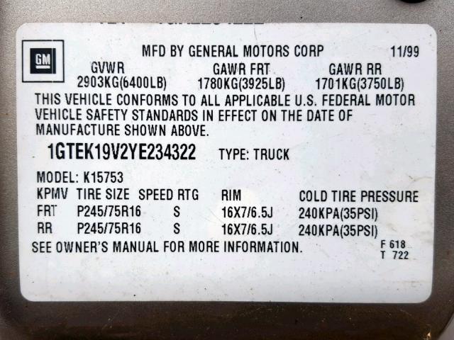 1GTEK19V2YE234322 - 2000 GMC NEW SIERRA BEIGE photo 10