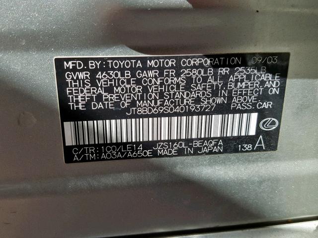 JT8BD69S040193727 - 2004 LEXUS GS 300 SILVER photo 10