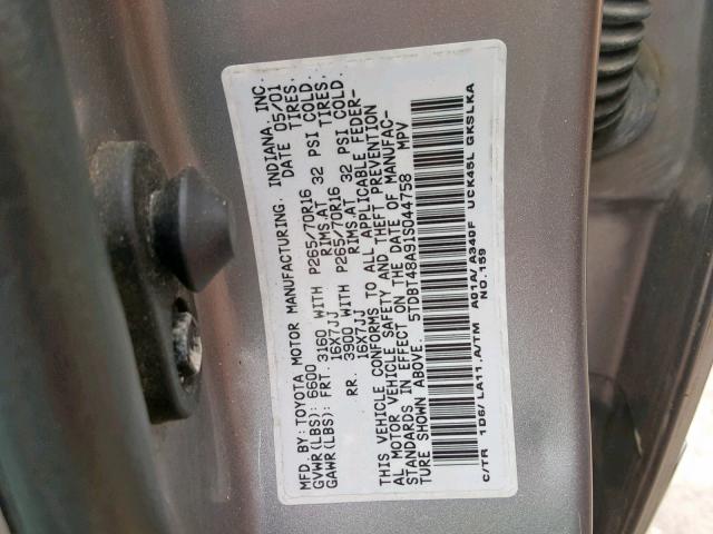 5TDBT48A91S044758 - 2001 TOYOTA SEQUOIA LI SILVER photo 10