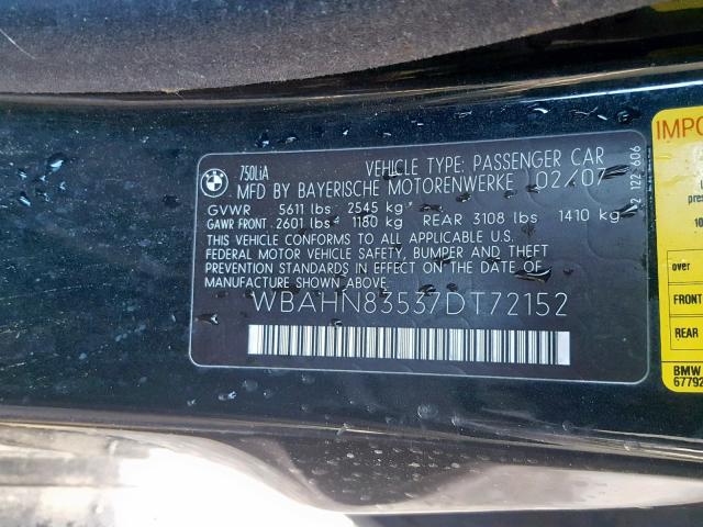 WBAHN83537DT72152 - 2007 BMW 750 BLACK photo 10