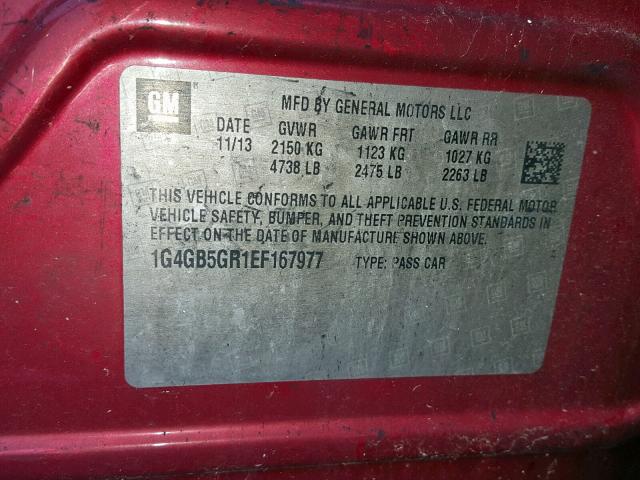 1G4GB5GR1EF167977 - 2014 BUICK LACROSSE RED photo 10